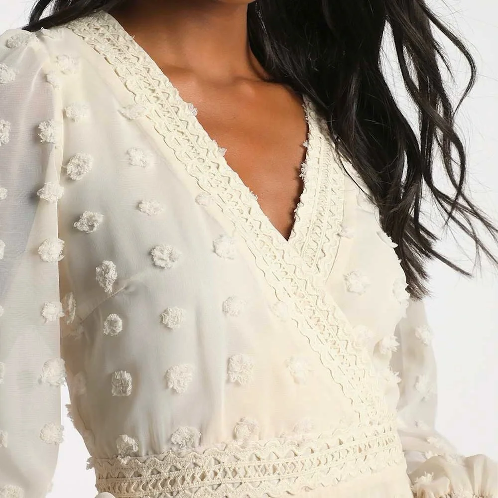 Lulus Might Be Magic Ivory Clip Dot Lace Long Sleeve Ruffle Mini Dress Small NWT - Picture 3 of 12